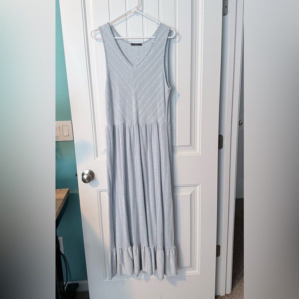 GYFT Sleeveless Striped Blue & White striped maxi dress ruffle bottom